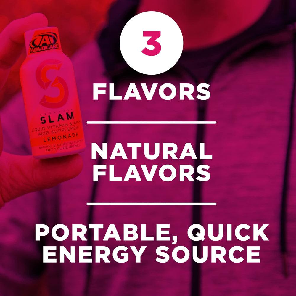 AdvoCare Slam packaging front emphasizes caffeine and B-vitamin blend for daily energy.