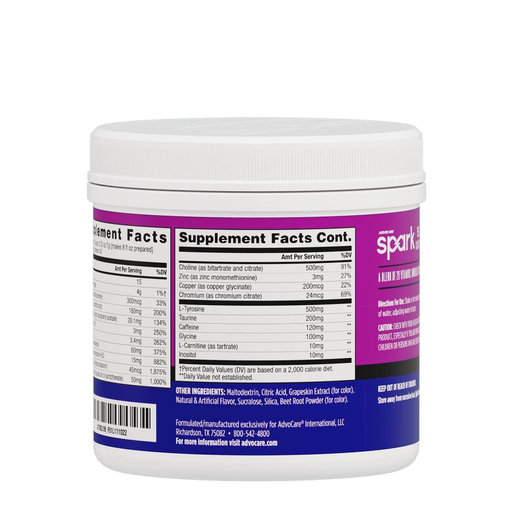 AdvoCare Spark grape powder pour highlights zero sugar and bright flavor