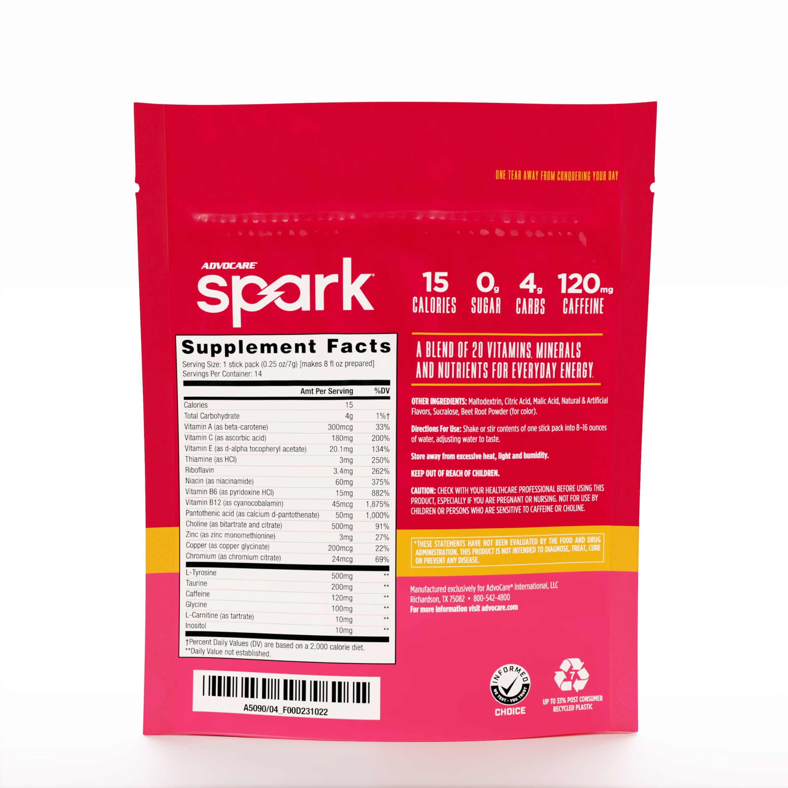 Opened AdvoCare Spark stick pack beside a glass for on-the-go energy.