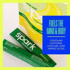 Close-up of AdvoCare Spark pineapple powder highlighting vibrant flavor