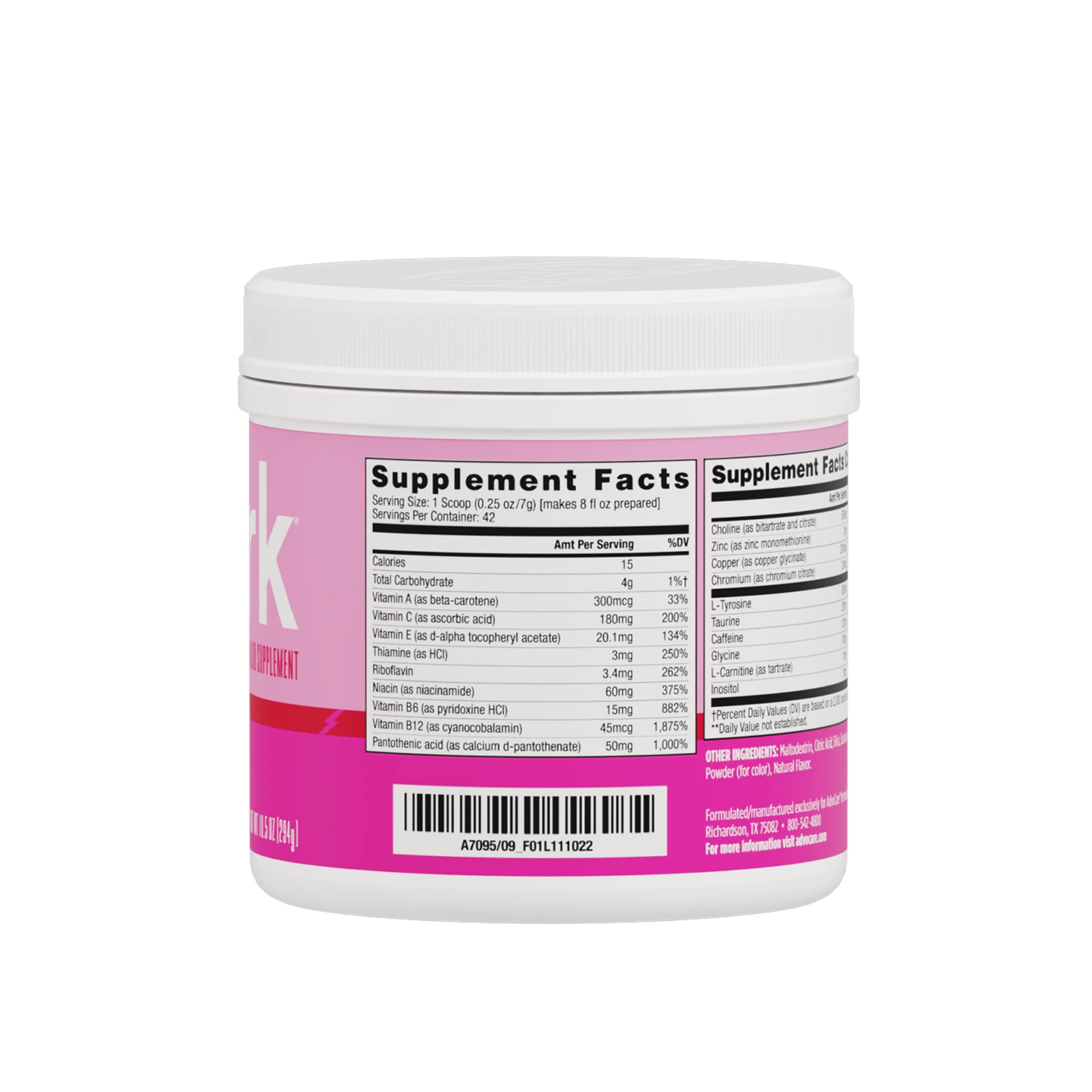 AdvoCare Spark pink lemonade powder scoop ready for quick mix.