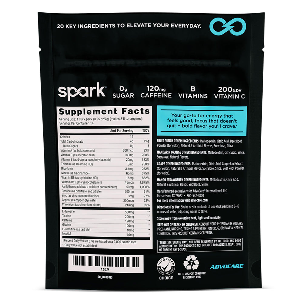 AdvoCare Spark stick-pack close-up, citrus flavor for quick energy.