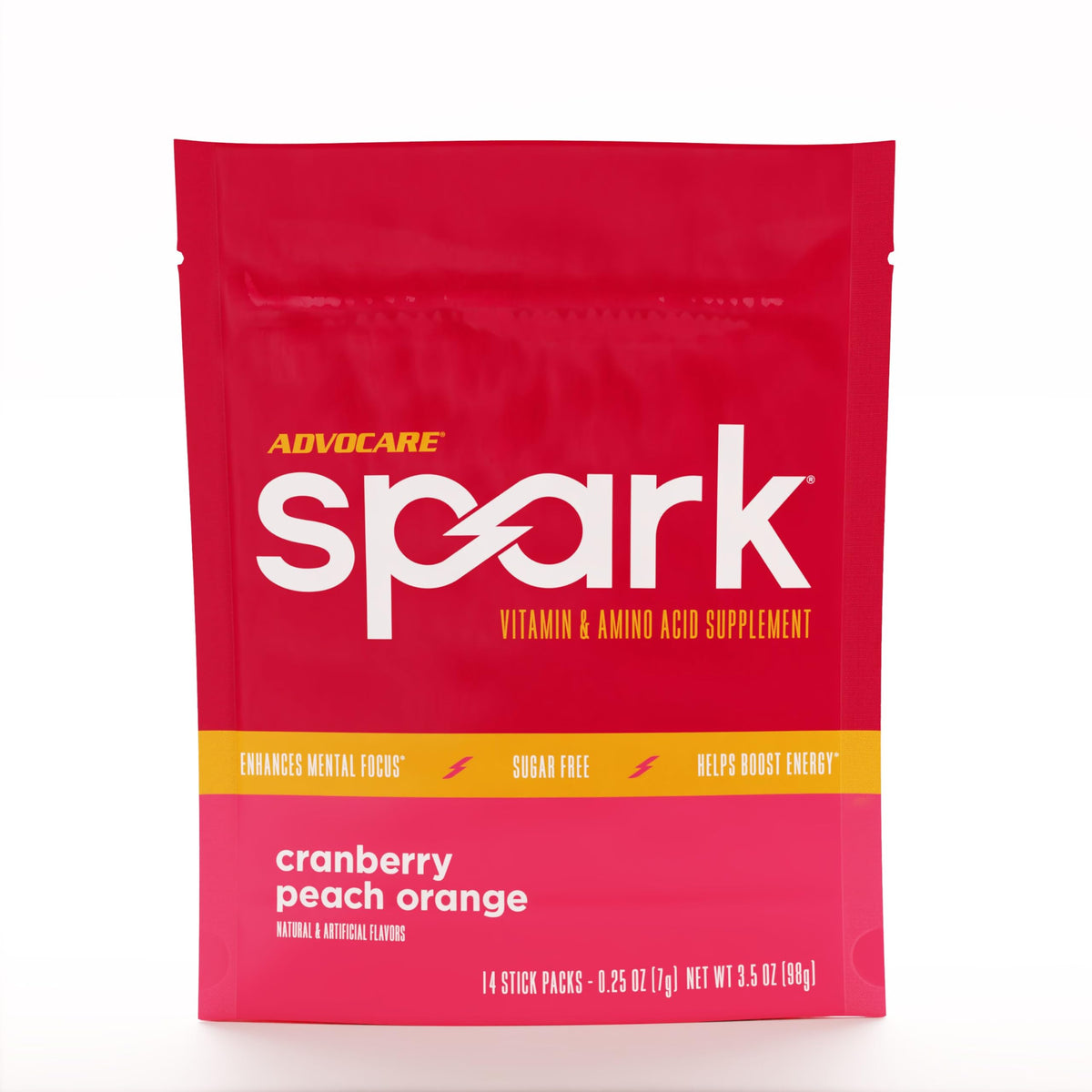 AdvoCare Spark stick pack in cranberry peach orange for a clean energy boost.