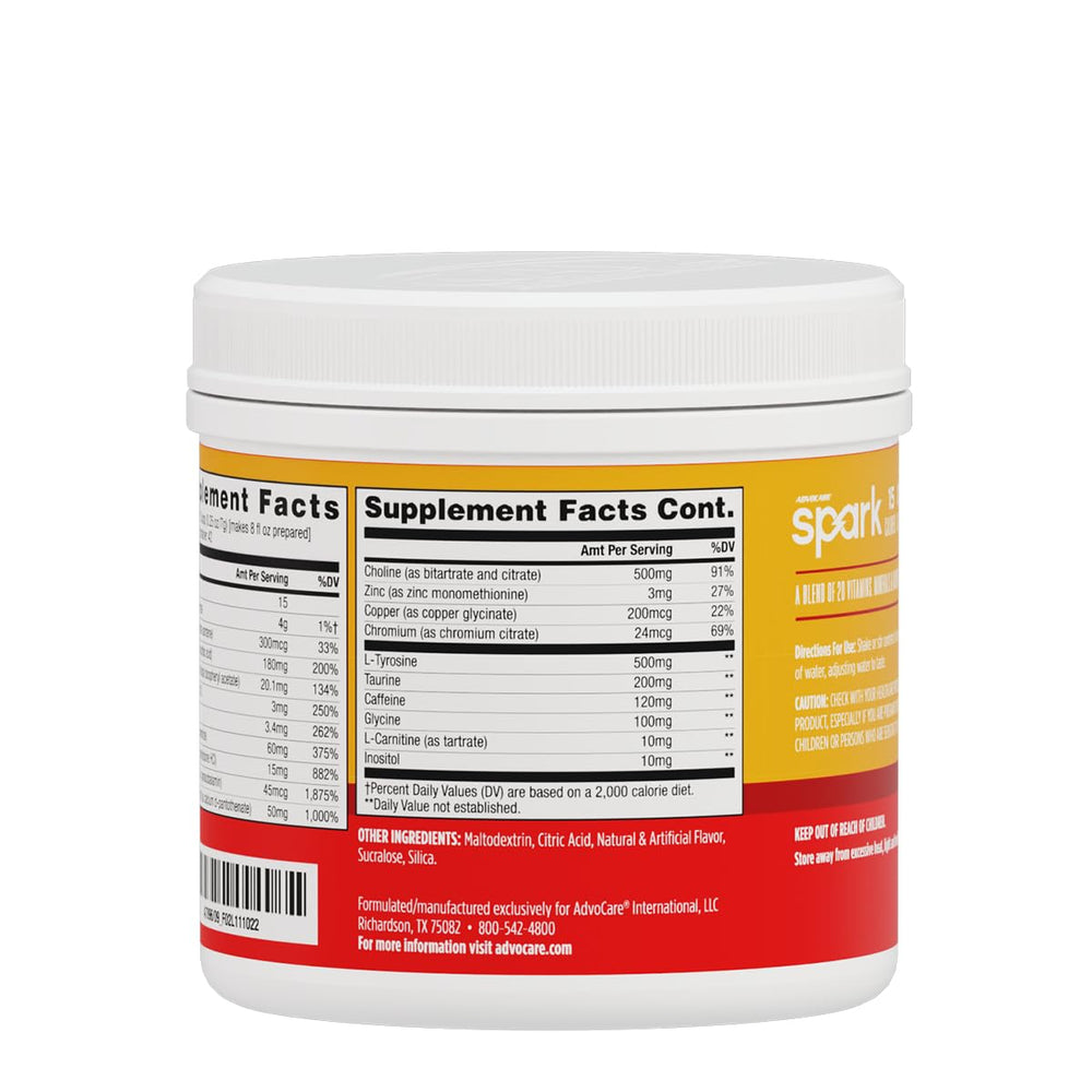 Back view of Advocare Spark tub showing 42 servings for ongoing use