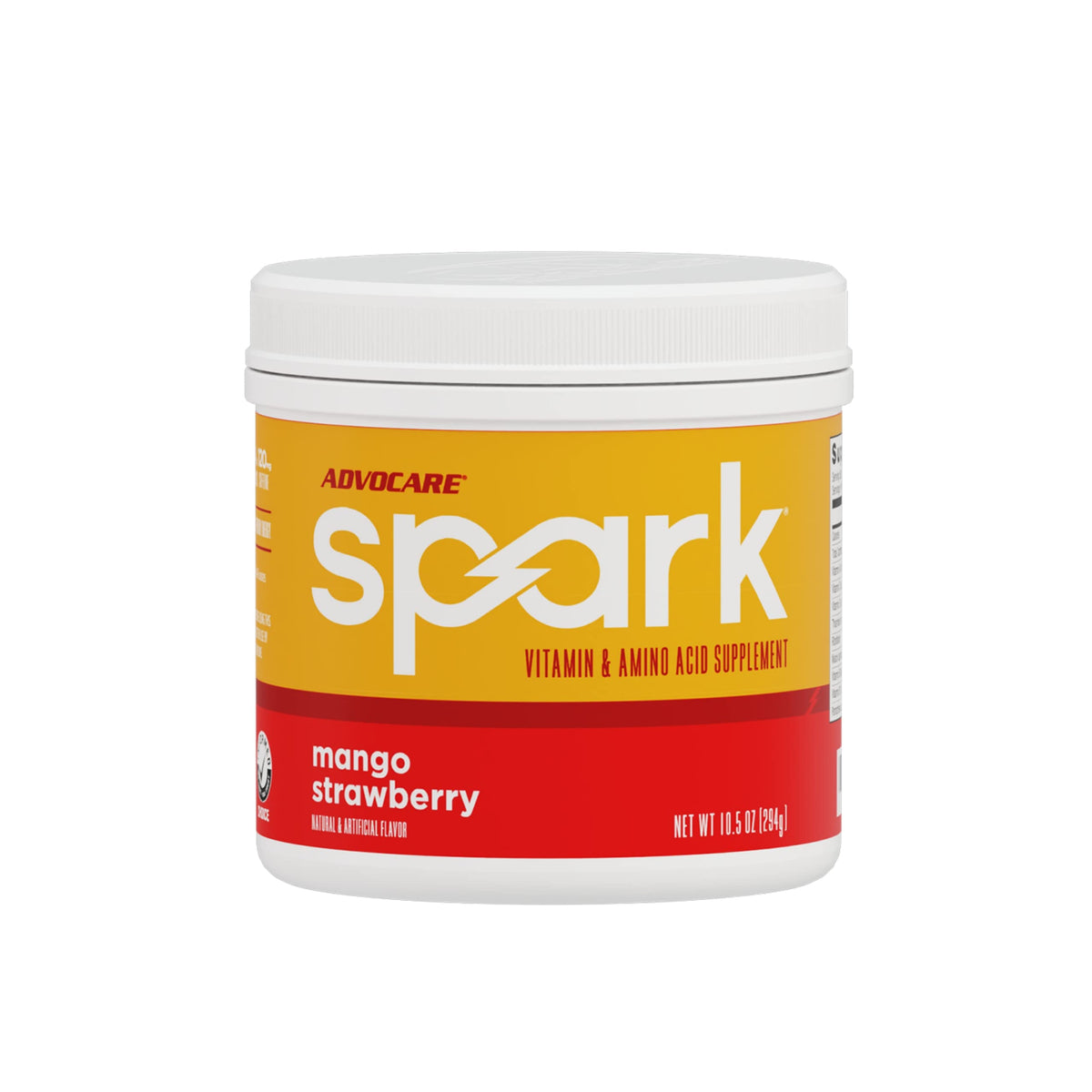 Advocare Spark tub front with Mango Strawberry flavor for a flavorful energy boost