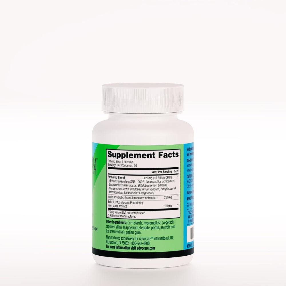 Close-up of AdvoCare Synbiotic Ultra capsules and label for probiotic benefits