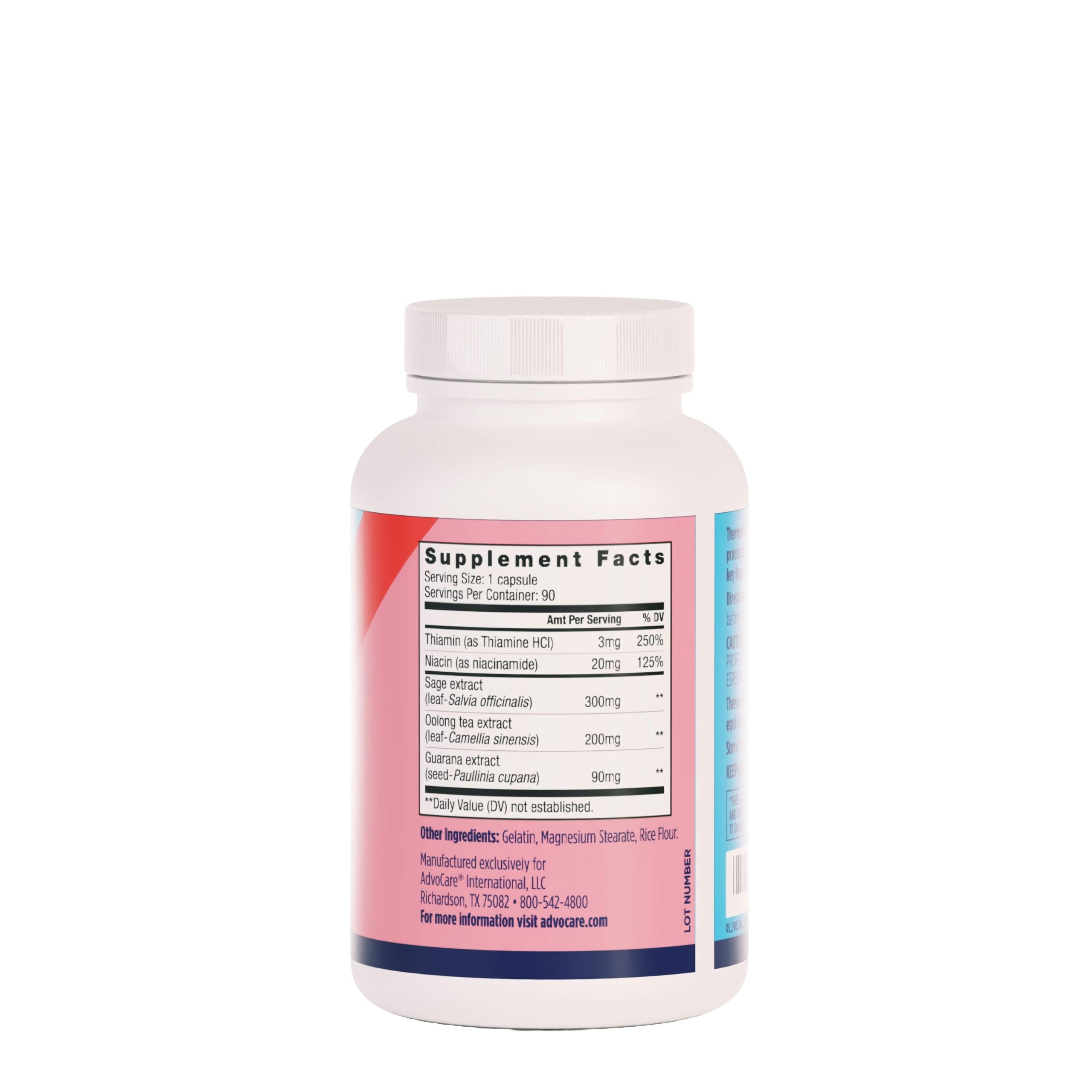 Close-up of AdvoCare ThermoPlus capsules highlighting sage and oolong tea extracts for energy support.