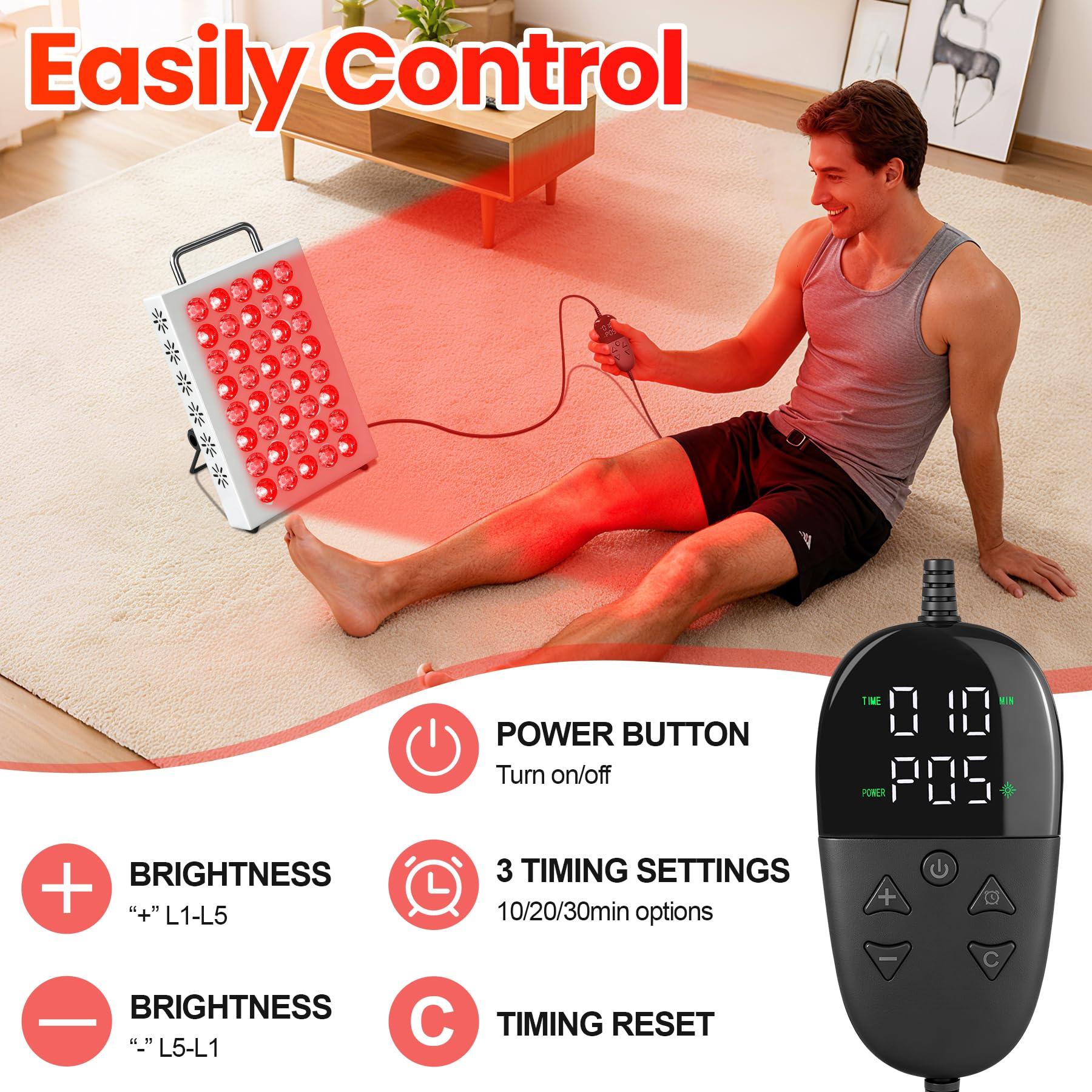 AearKing red light panel controls show simple timer and brightness options.