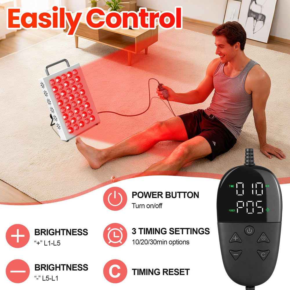 AearKing red light panel controls show simple timer and brightness options.