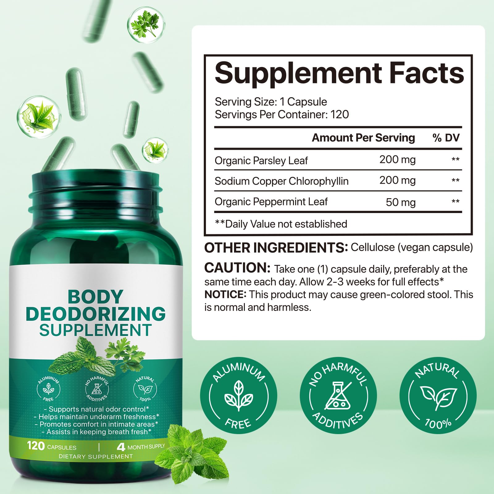 Close-up of chlorophyllin capsules from AEBEFBAW for internal odor control.