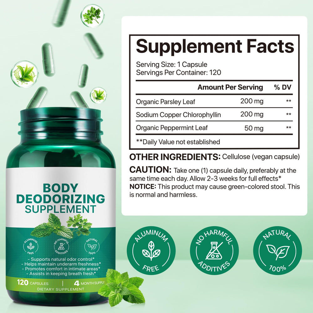Close-up of chlorophyllin capsules from AEBEFBAW for internal odor control.