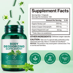 Close-up of chlorophyllin capsules from AEBEFBAW for internal odor control.