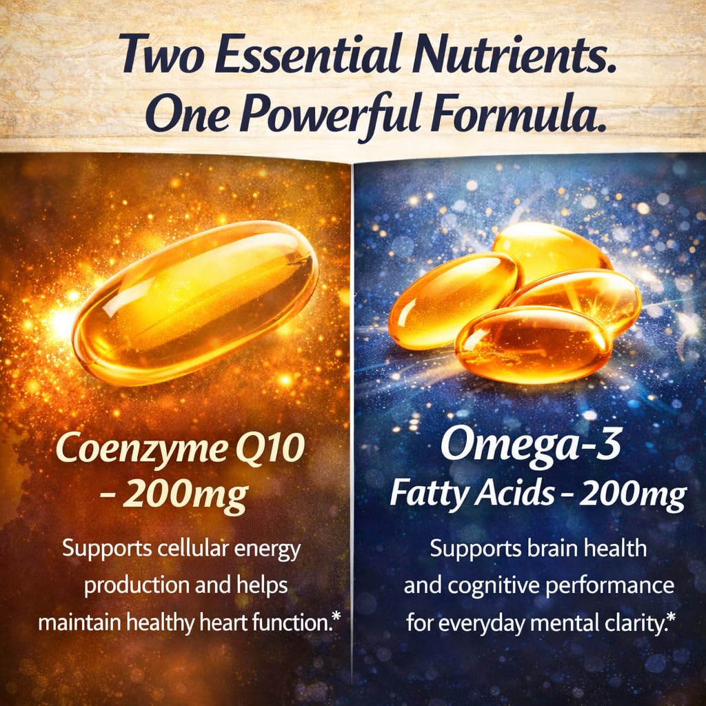 Aegabe CoQ10 + Omega-3 capsule close-up highlighting dual-action formula.