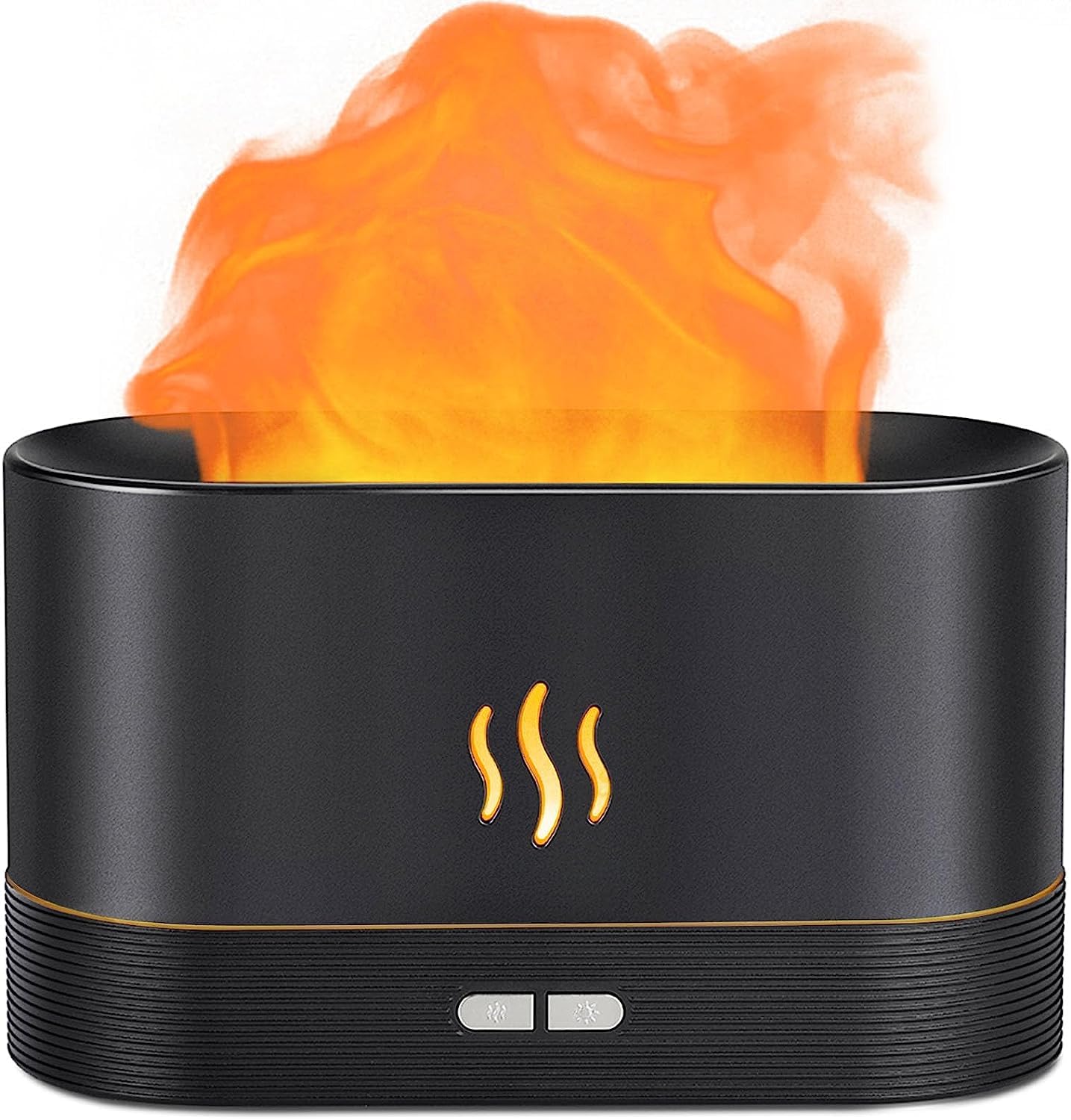 Aegci Flame Air Diffuser front view shows sleek black design for quiet room aromatherapy.