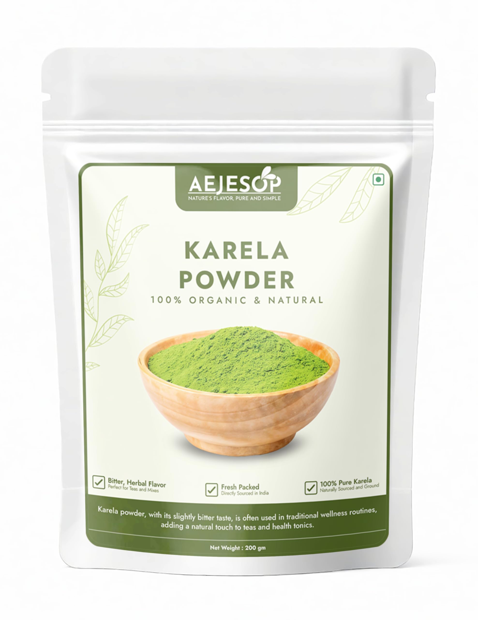 AEJESOP Karela powder bottle front ready for smoothie use.