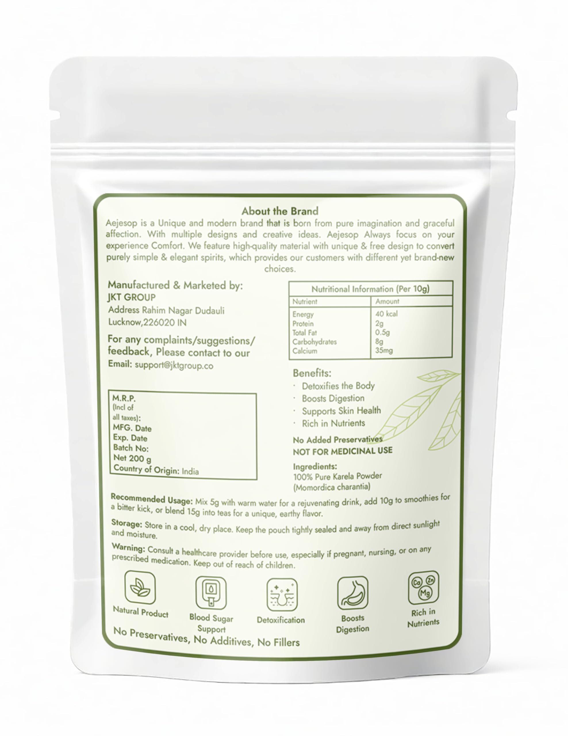 Close-up of AEJESOP Karela powder label with bitter melon details.