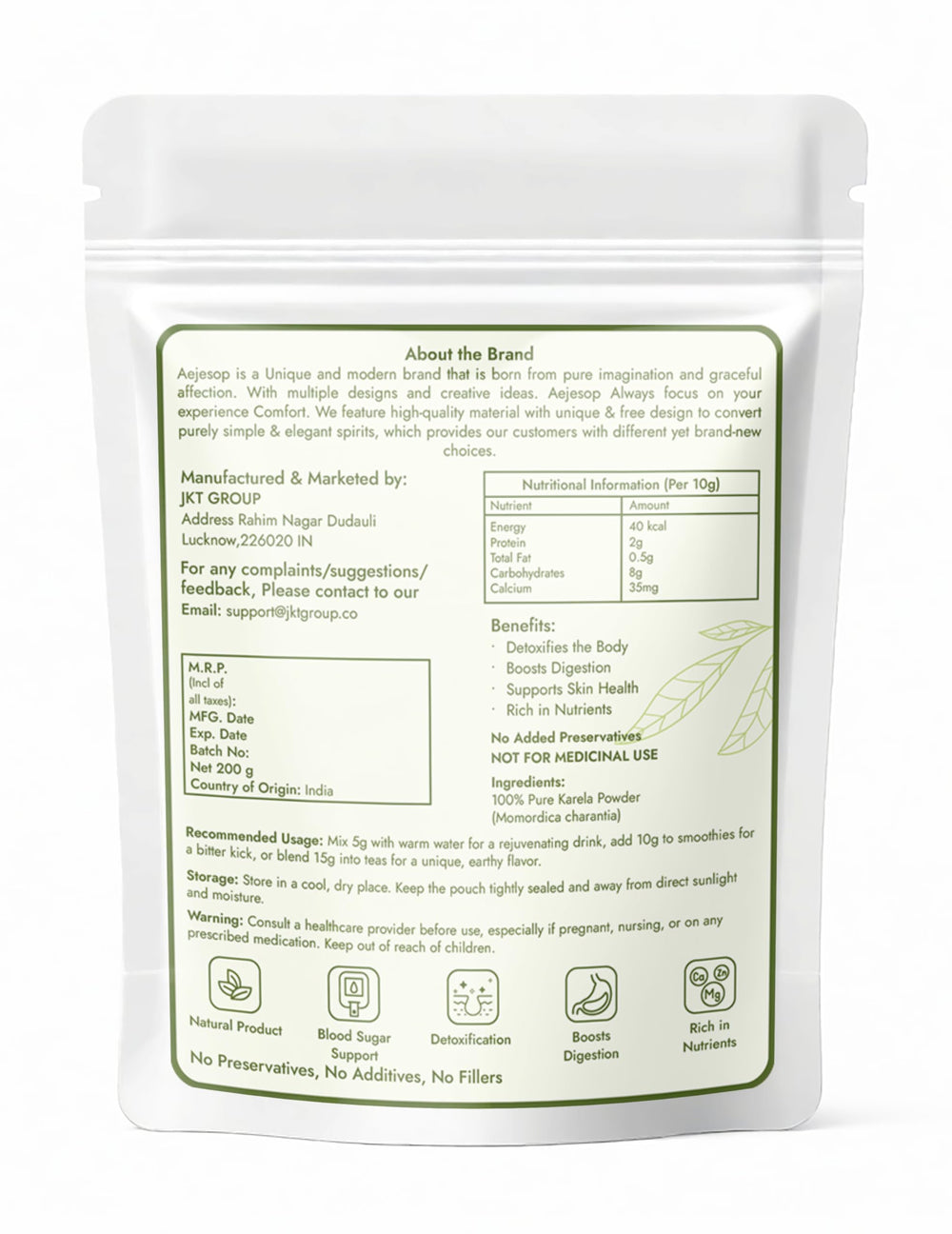 Close-up of AEJESOP Karela powder label with bitter melon details.