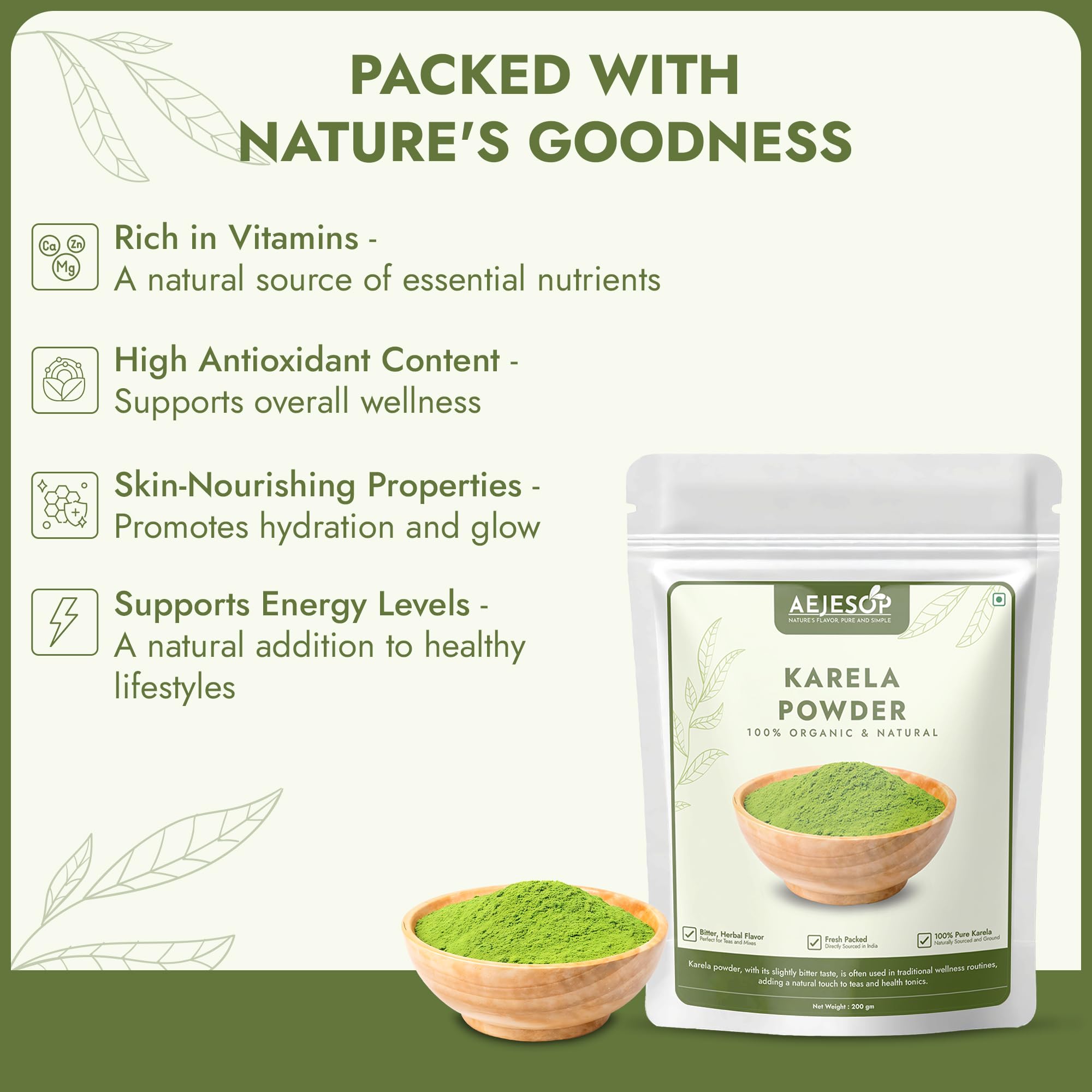 Side view of AEJESOP Karela powder packaging showing the seal.