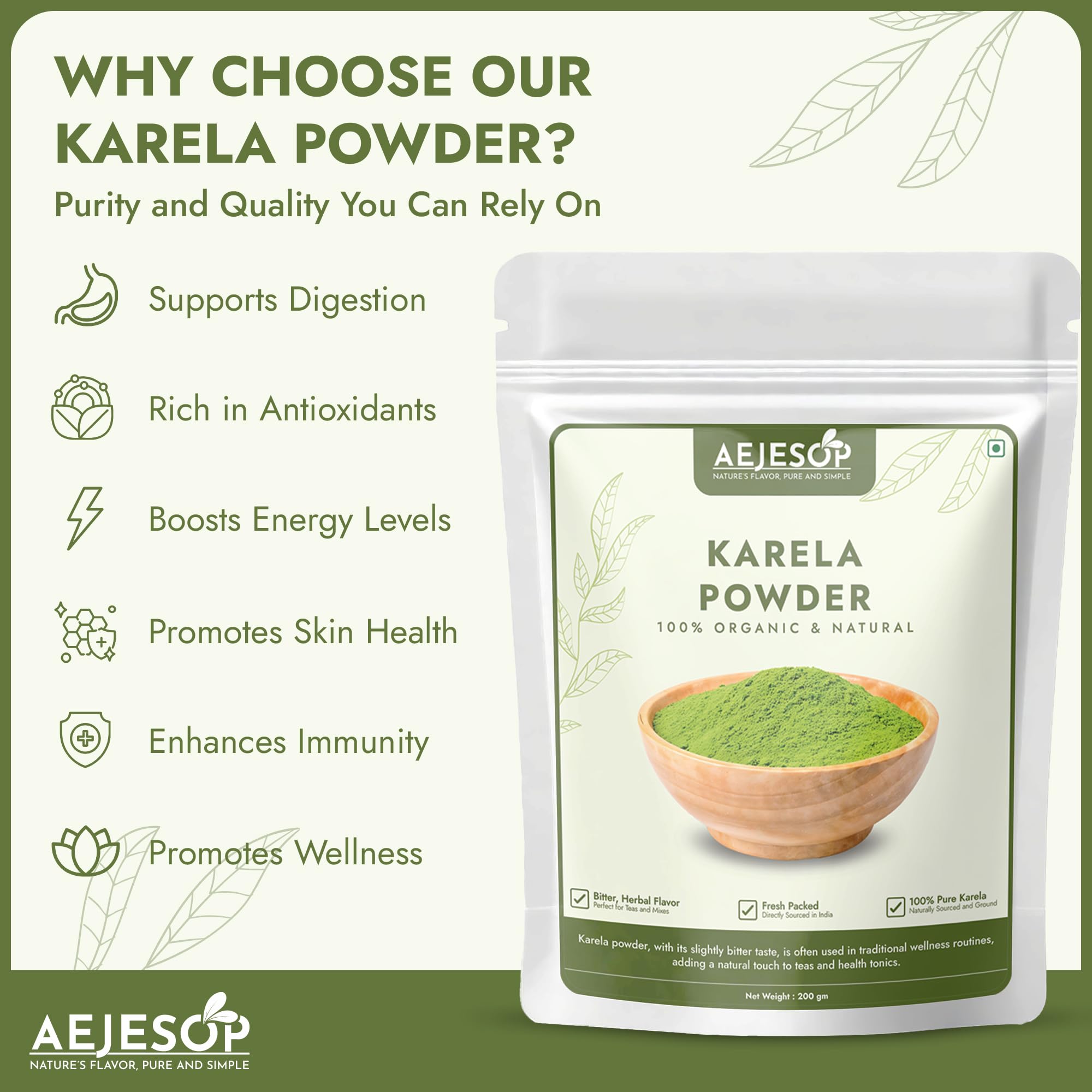 Scoop dispensing AEJESOP Karela powder for precise daily use.