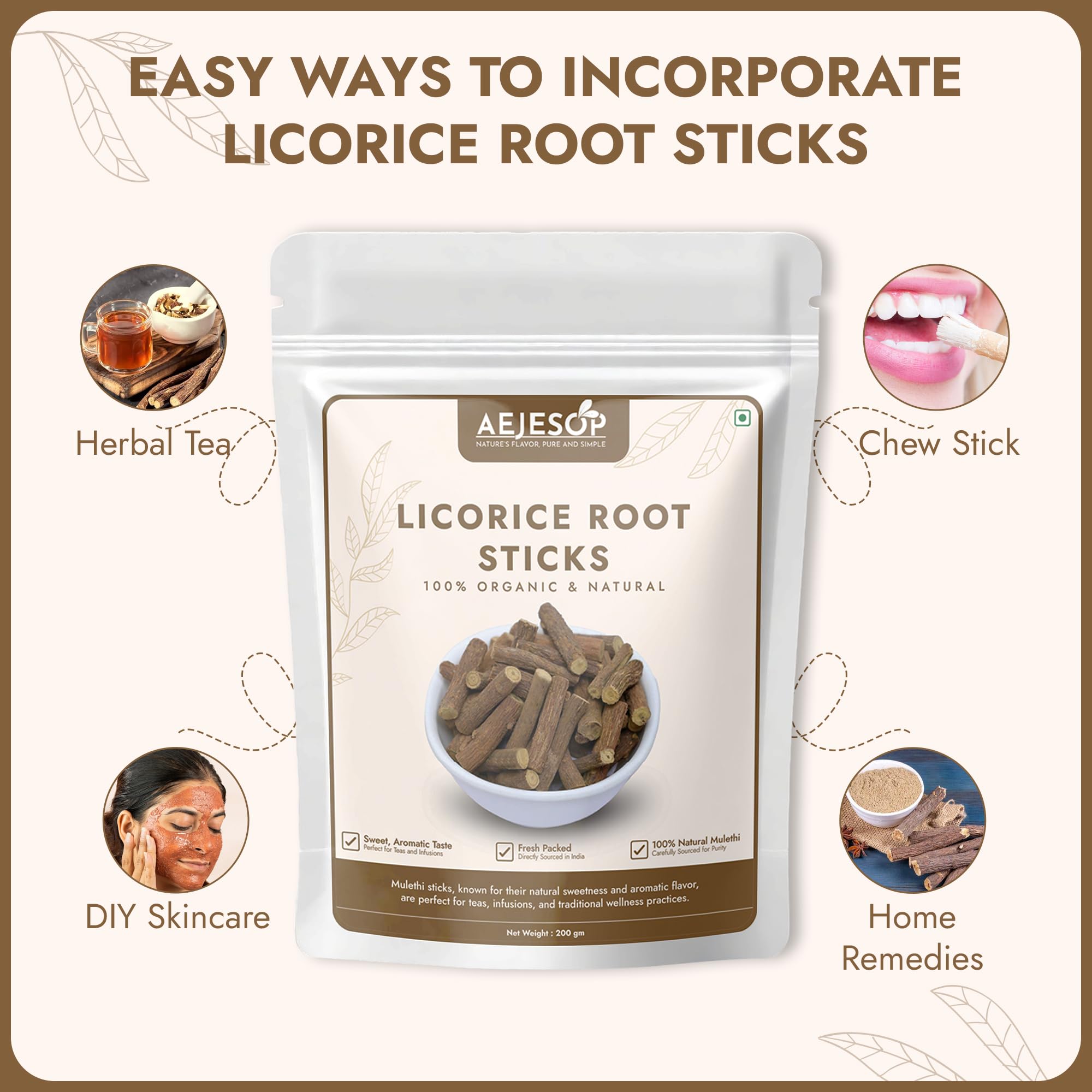 Tea pairing image with AEJESOP Licorice Mulethi sticks enhances warm beverages.