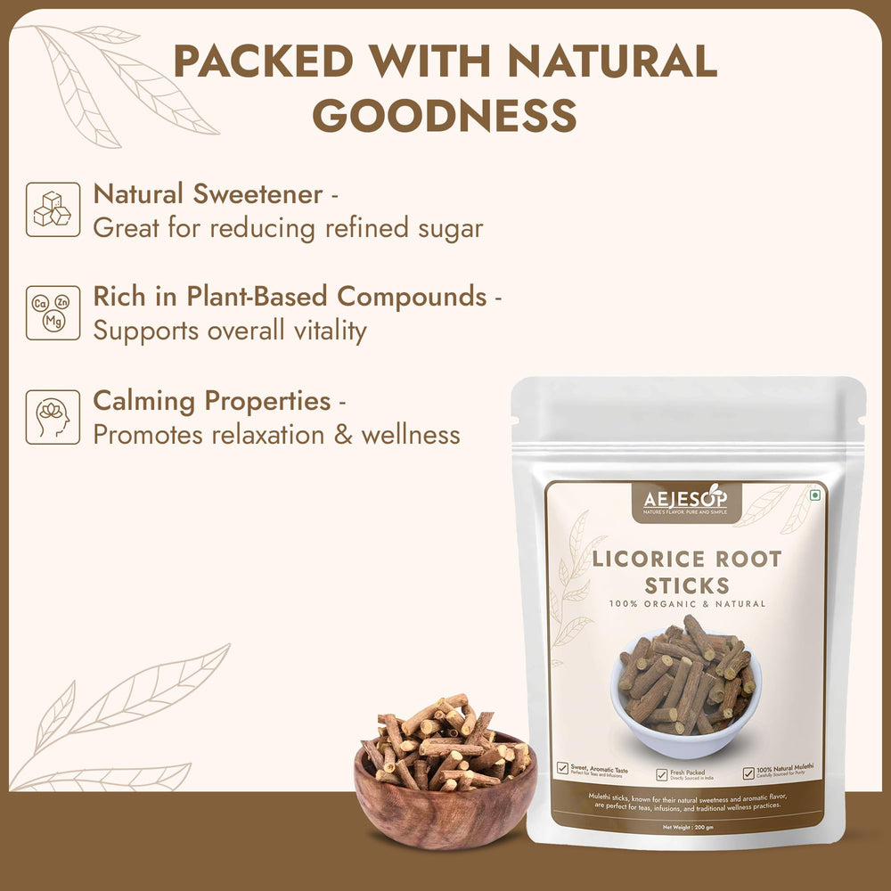 Hot infusion of AEJESOP Licorice Mulethi sticks offers fragrant sweetness.