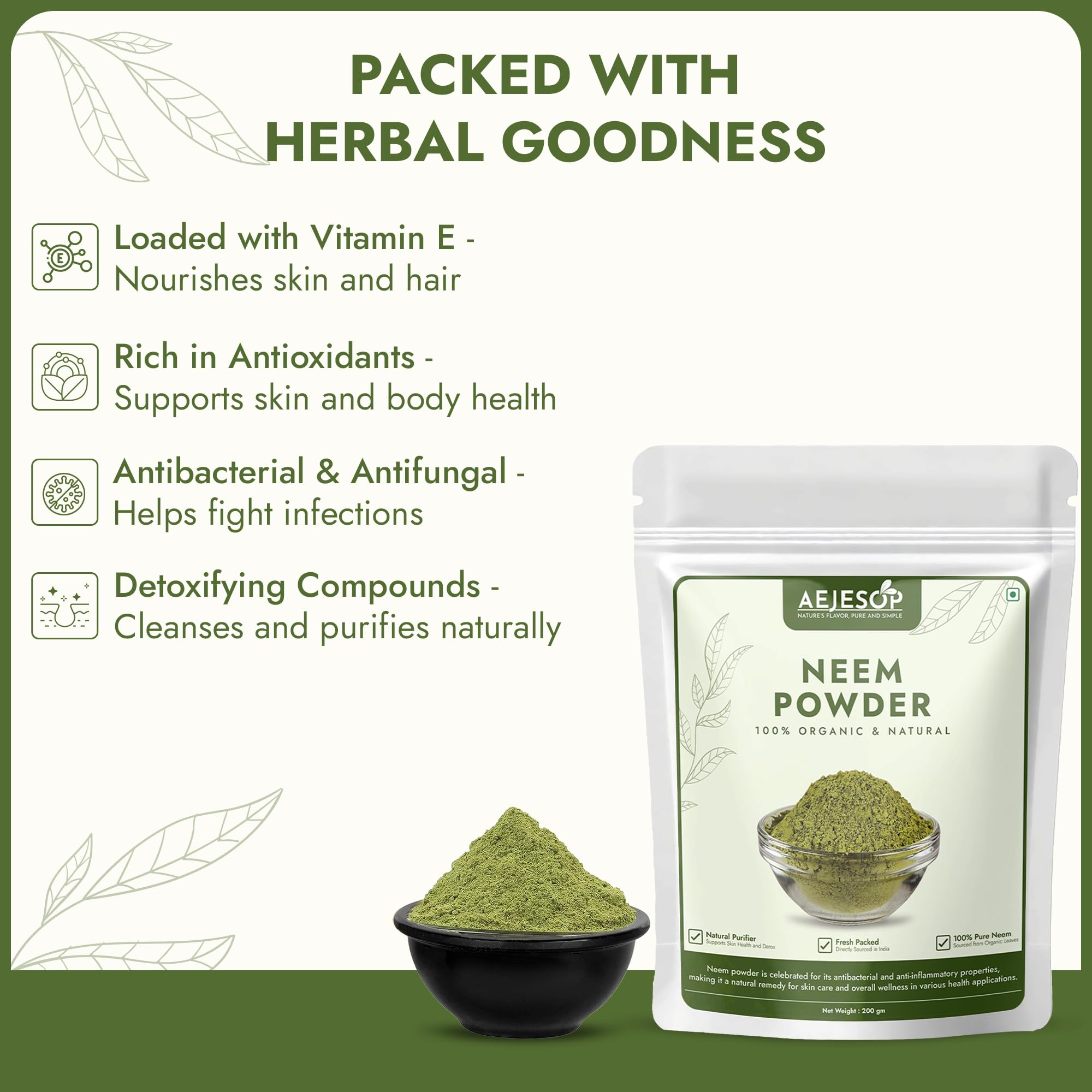 AEJESOP Neem Powder ingredients label confirms 100% neem leaf.