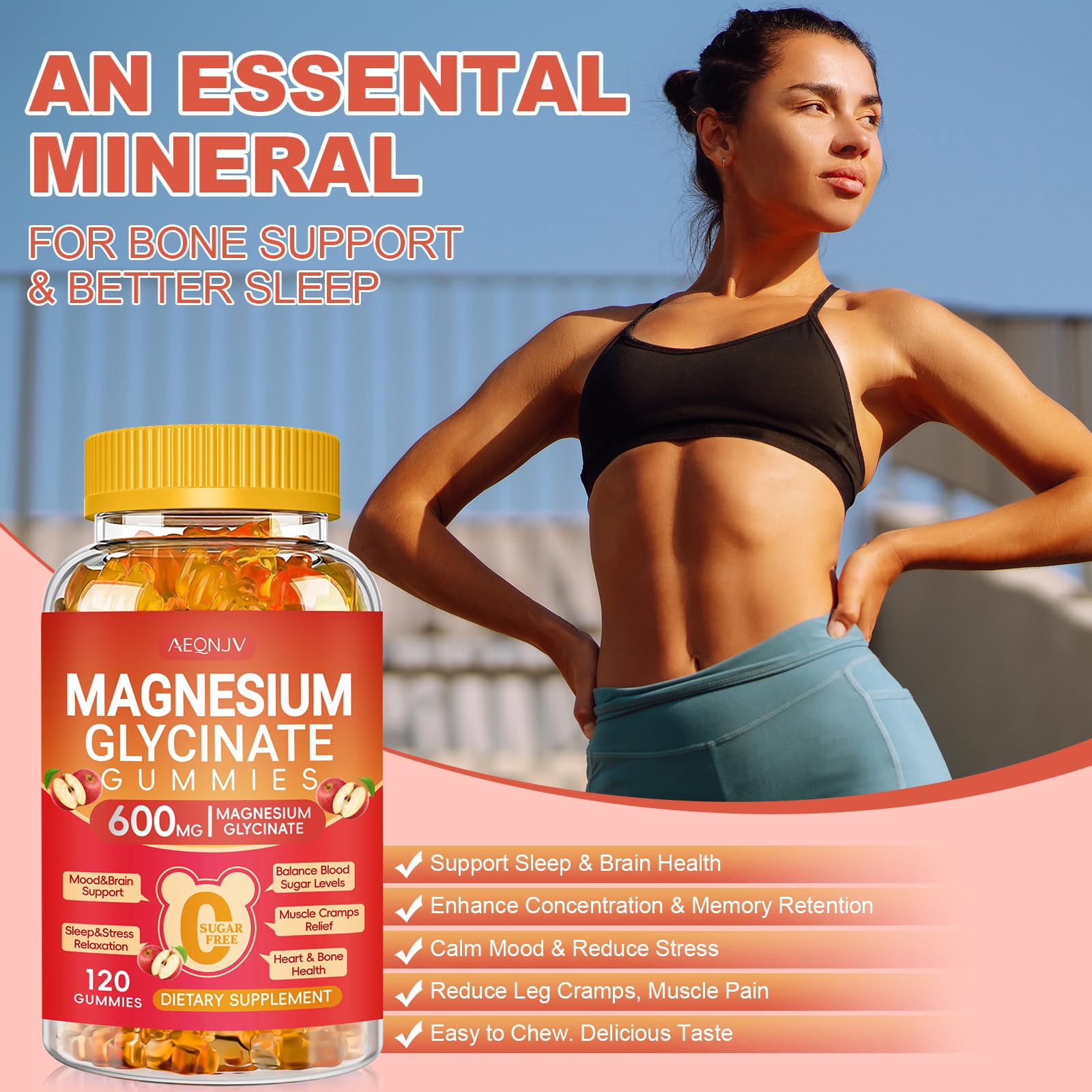 AEQNJV bottle nutrition label highlights 120 gummies and calming potential.