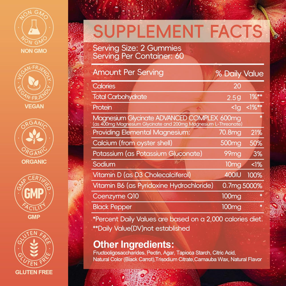 AEQNJV gummies label back shows 600 mg magnesium and CoQ10 blend.