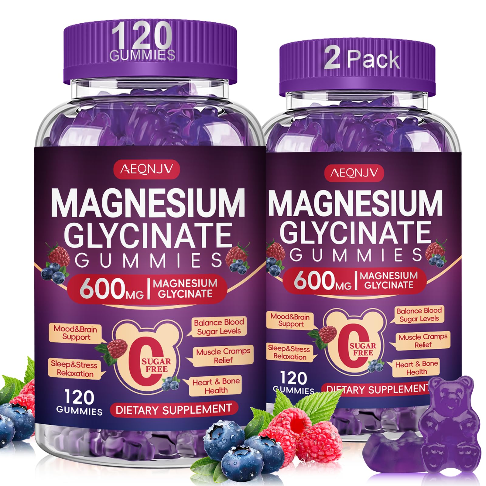 AEQNJV Magnesium Glycinate Gummy bottle displaying a 600 mg daily formula