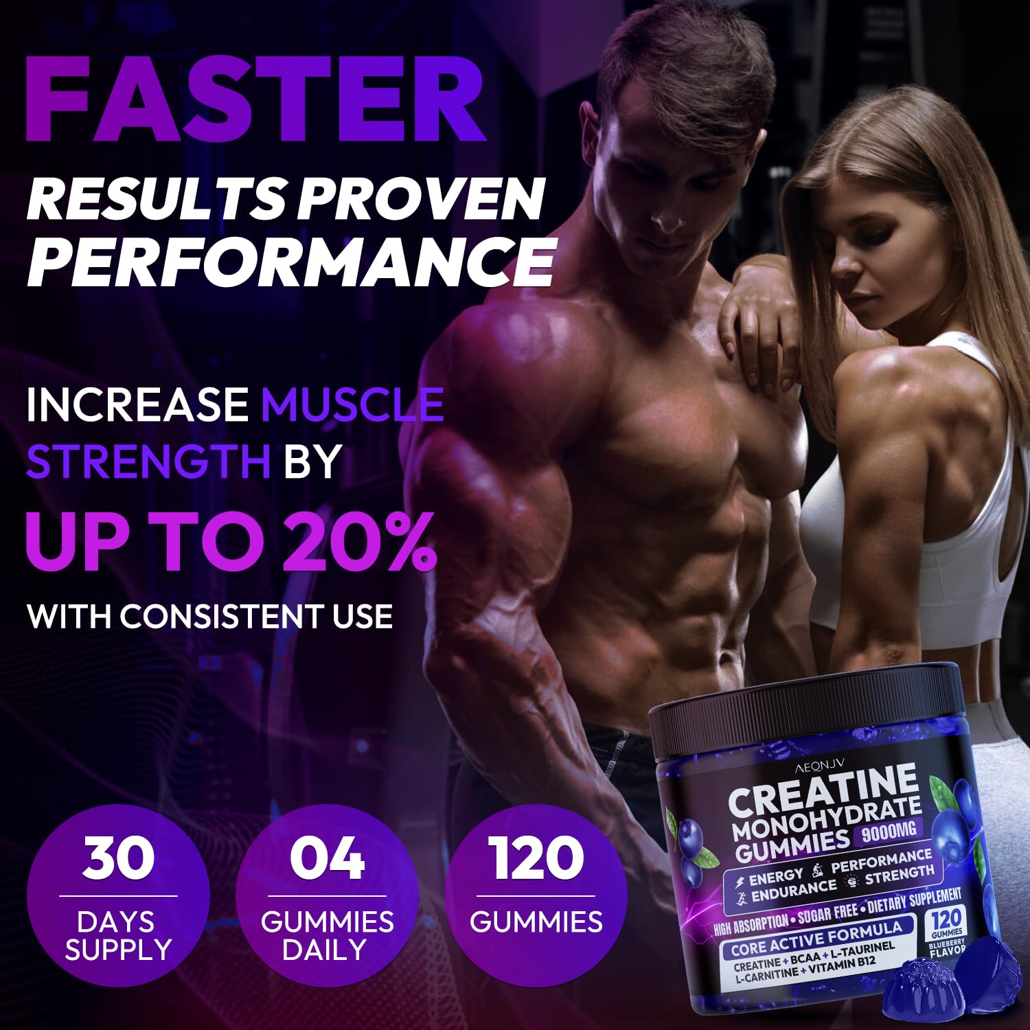 AEQNJV Creatine Gummies box and 30-day supply for consistent use