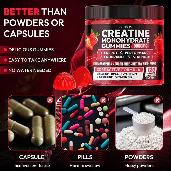 AEQNJV Creatine Gummies bottle label emphasizes vegan, gluten-free formulation.