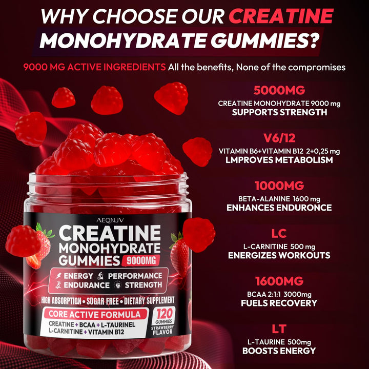 AEQNJV Creatine Gummies ingredients highlight L-Taurine, B12, and BCAA.