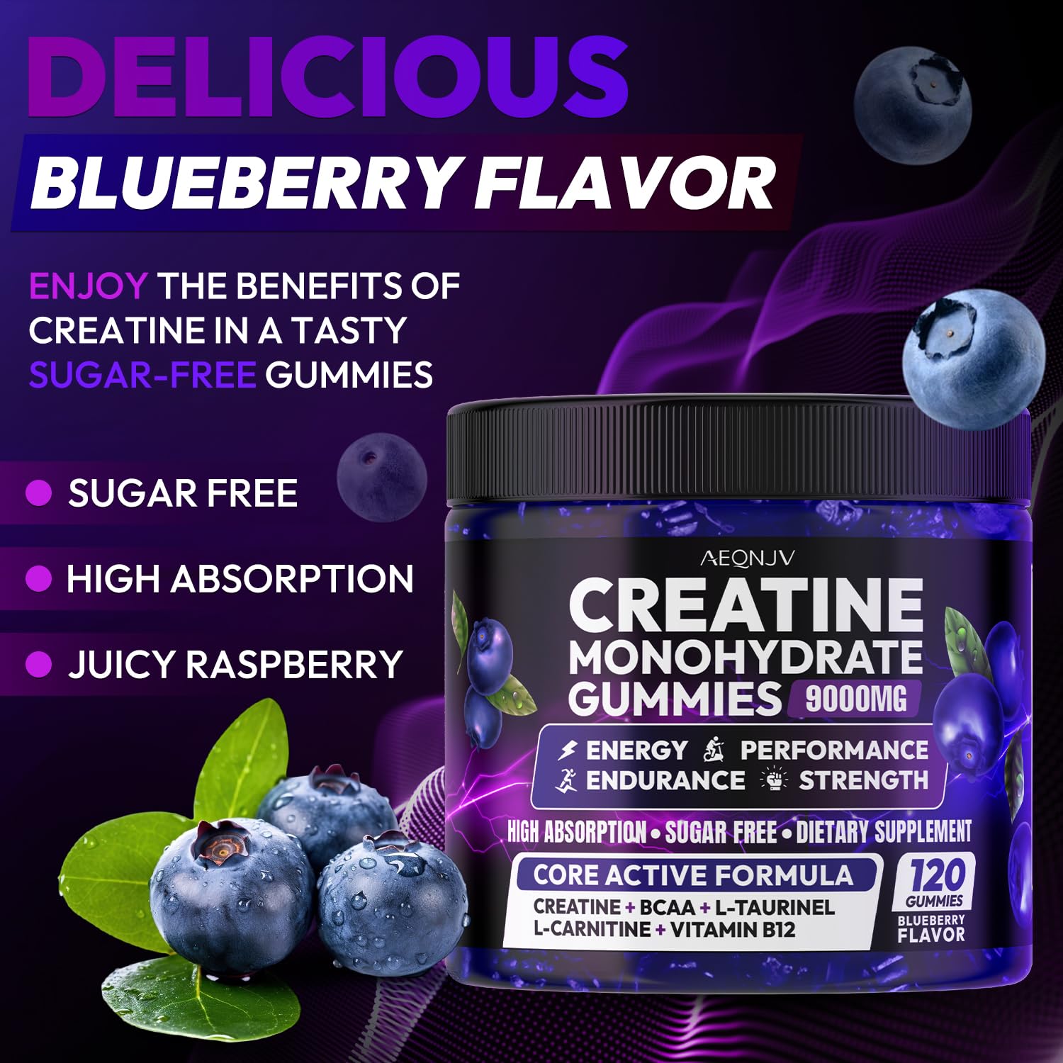 AEQNJV Creatine Gummies ingredient label close-up showing the nutrient blend