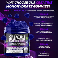 AEQNJV Creatine Gummies jar close-up with serving scoop and vitamins