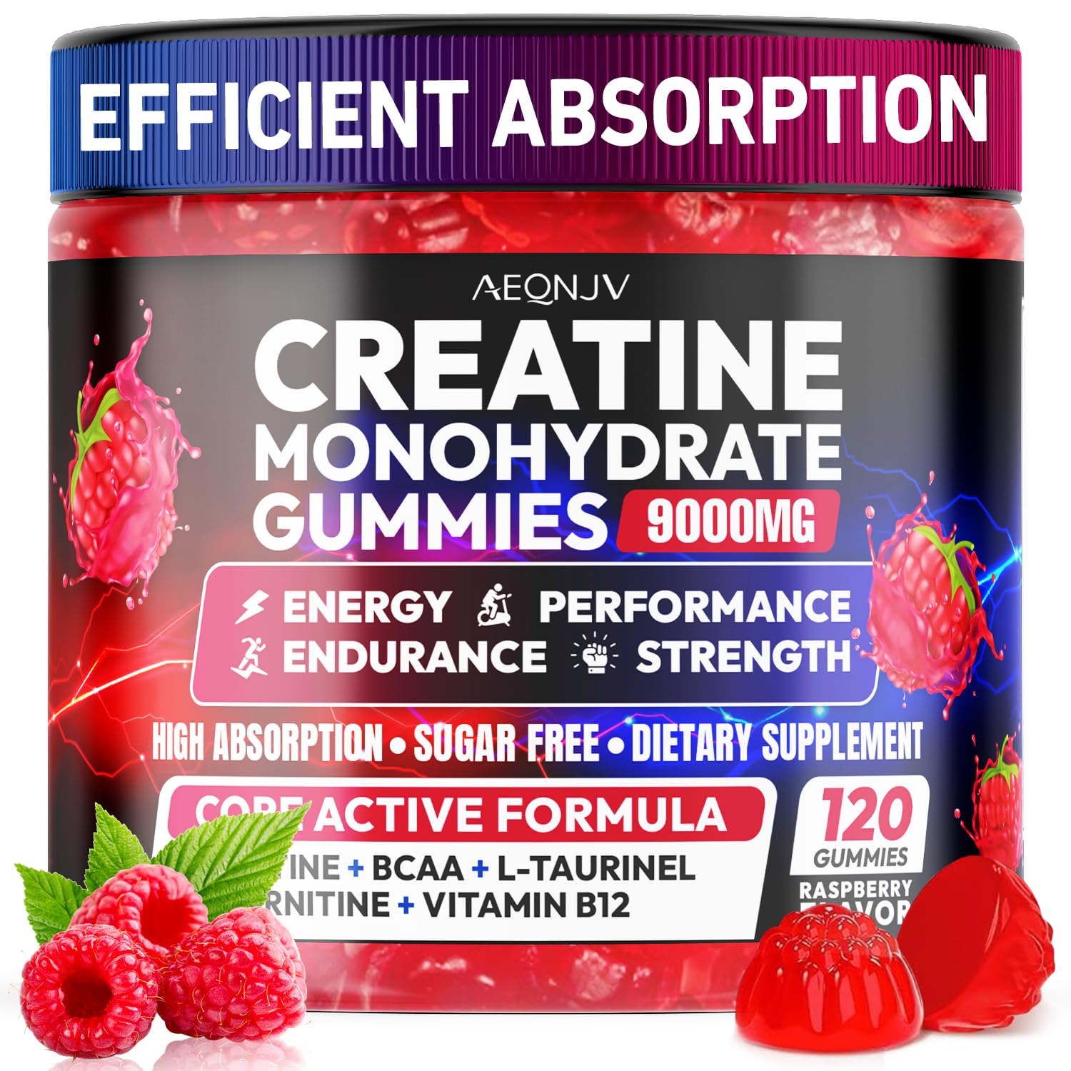 AEQNJV Creatine Gummies Monohydrate bottle showing ready-to-train energy support