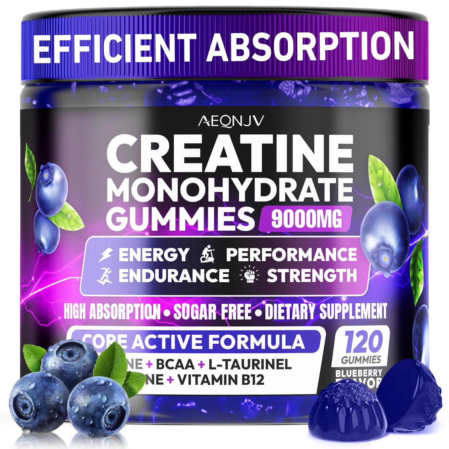 AEQNJV Creatine Gummies bottle close-up highlighting convenient energy support and daily use