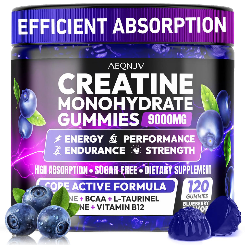 AEQNJV Creatine Gummies bottle close-up highlighting convenient energy support and daily use