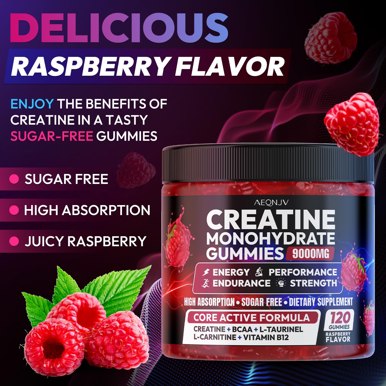 Closeup of AEQNJV Creatine Gummies Monohydrate chewing texture for workouts