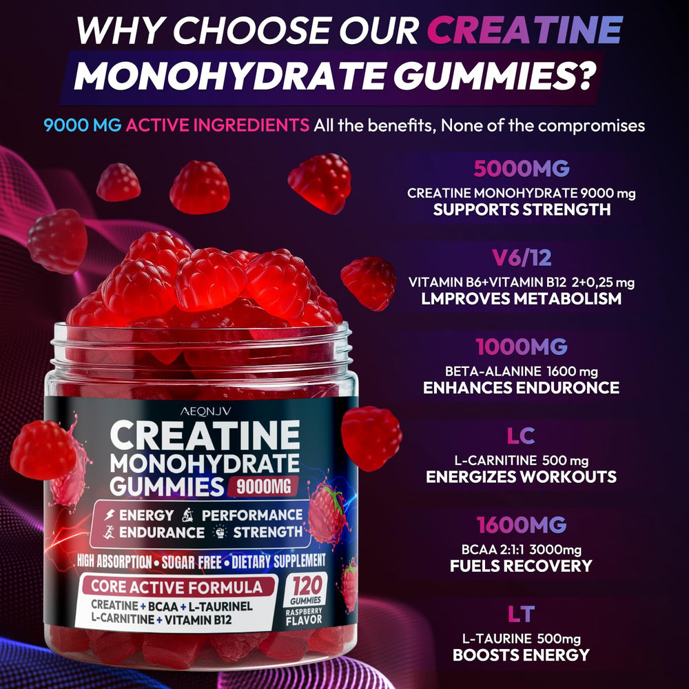 AEQNJV Creatine Gummies Monohydrate label highlights vegan and non-GMO attributes