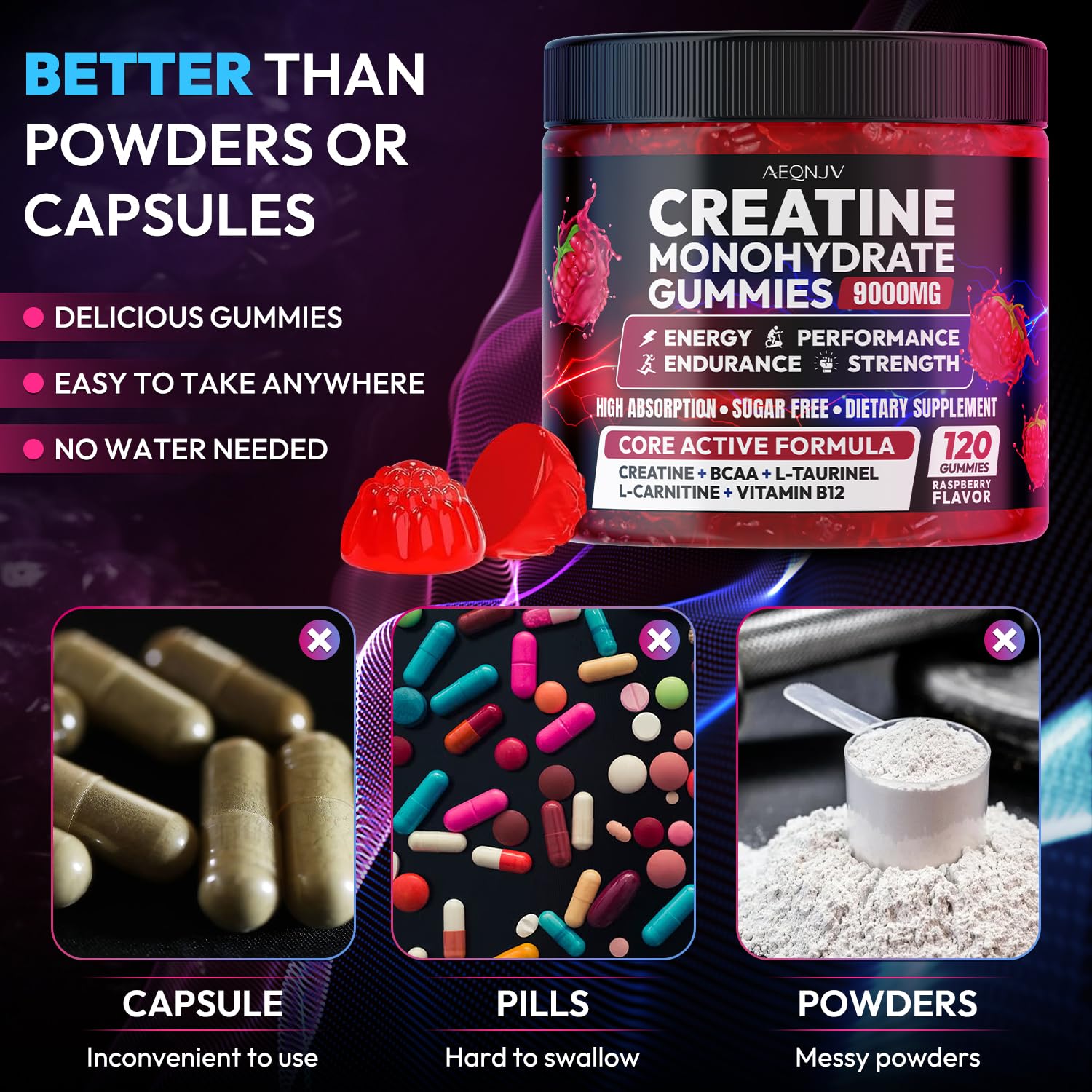 Pouring AEQNJV Creatine Gummies Monohydrate for quick pre-workout energy