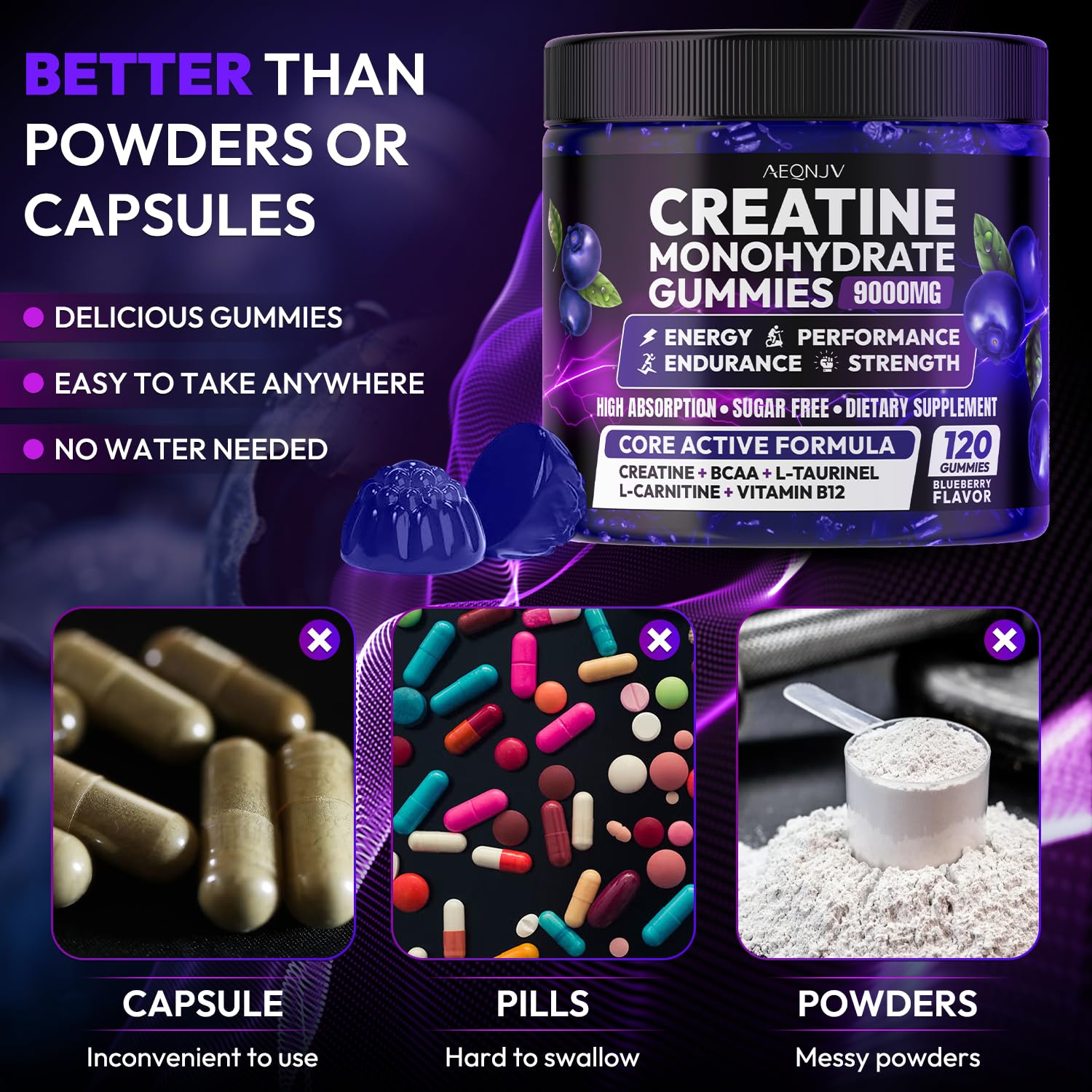 AEQNJV Creatine Gummies pouring serving for quick pre-workout energy