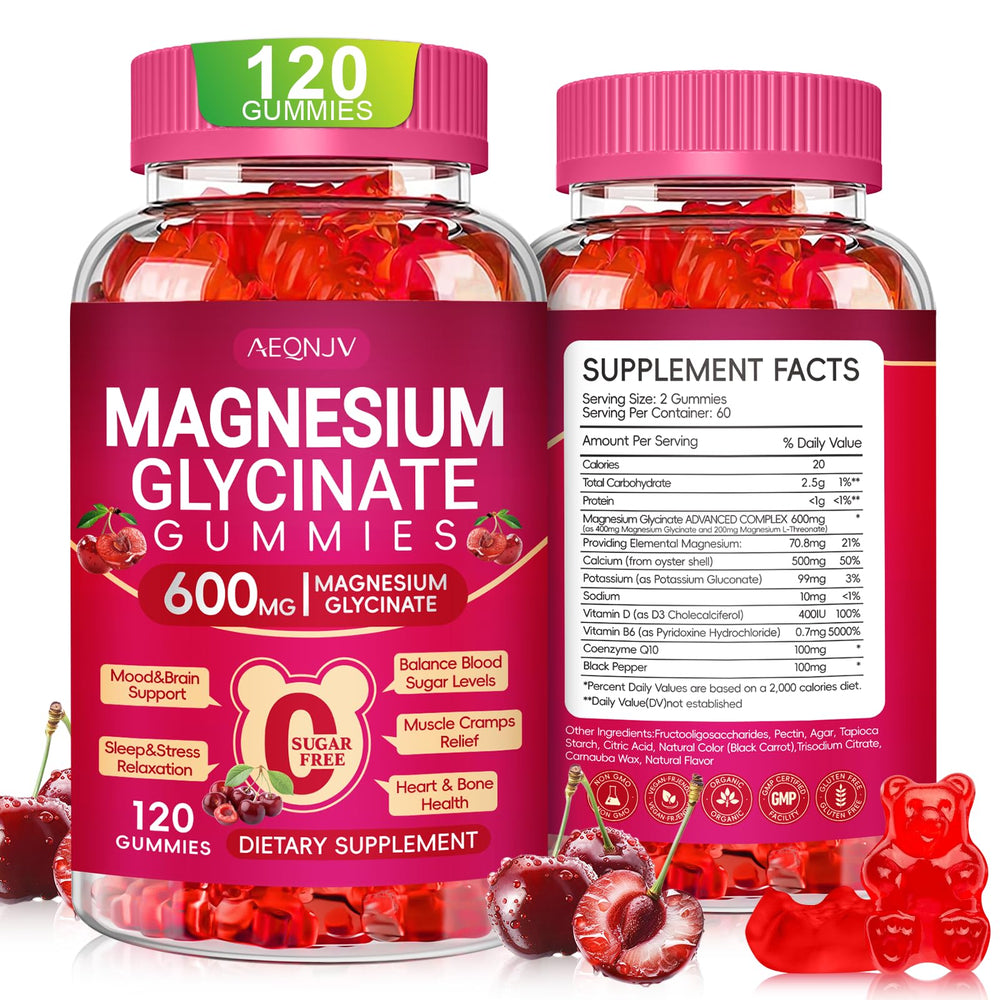 AEQNJV magnesium glycinate gummies bottle label showing 600 mg calm support