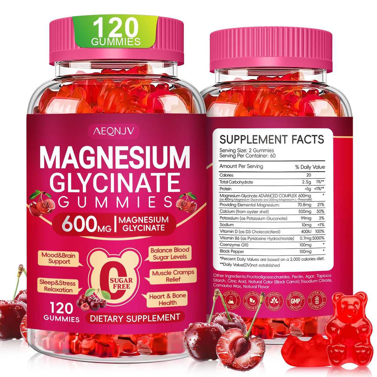AEQNJV magnesium glycinate gummies bottle label showing 600 mg calm support