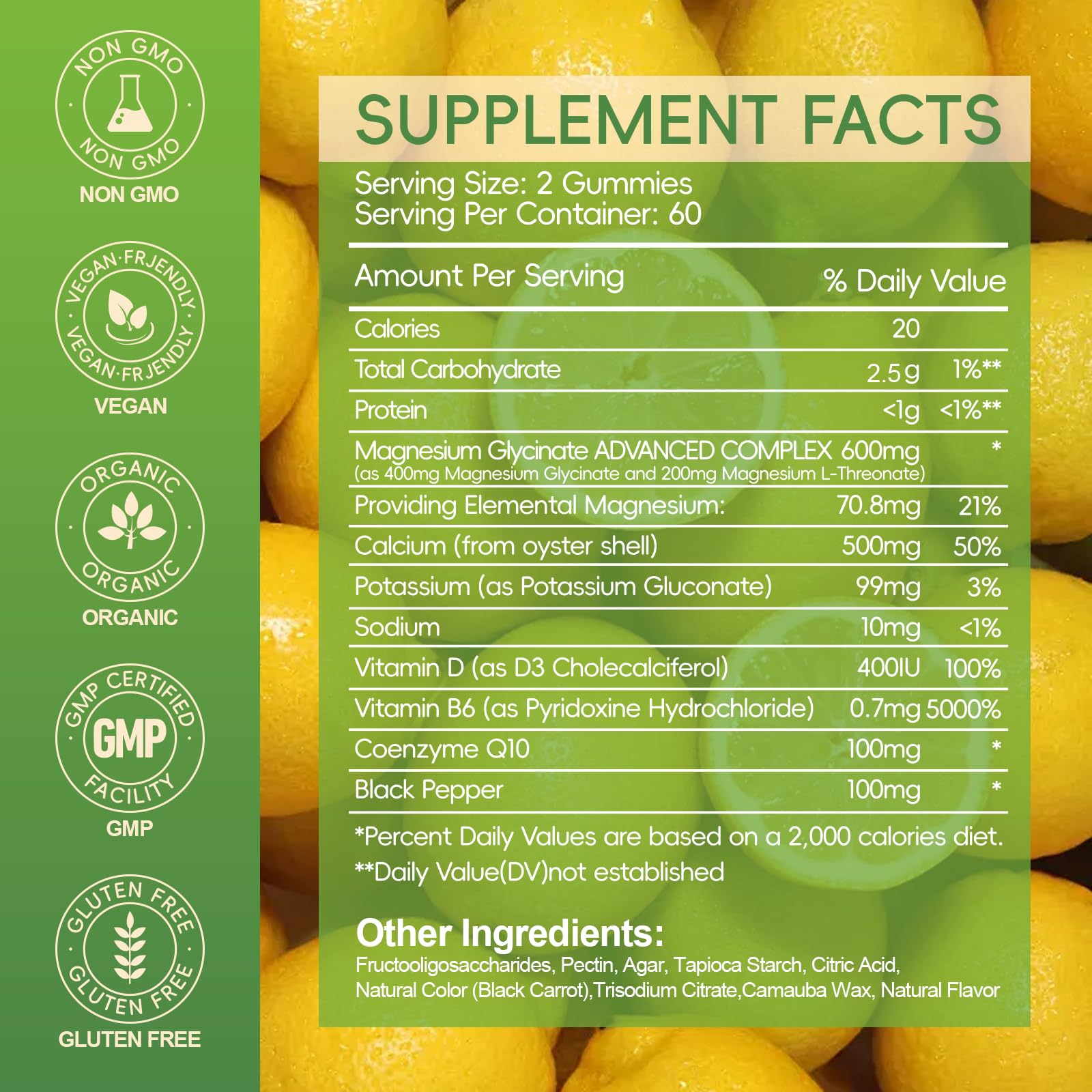 AEQNJV Magnesium Glycinate Gummies ingredients label highlighting CoQ10 and B6