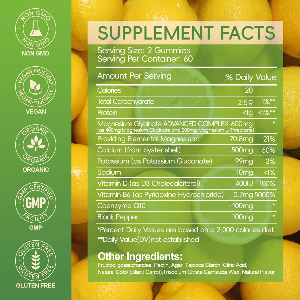 AEQNJV Magnesium Glycinate Gummies ingredients label highlighting CoQ10 and B6