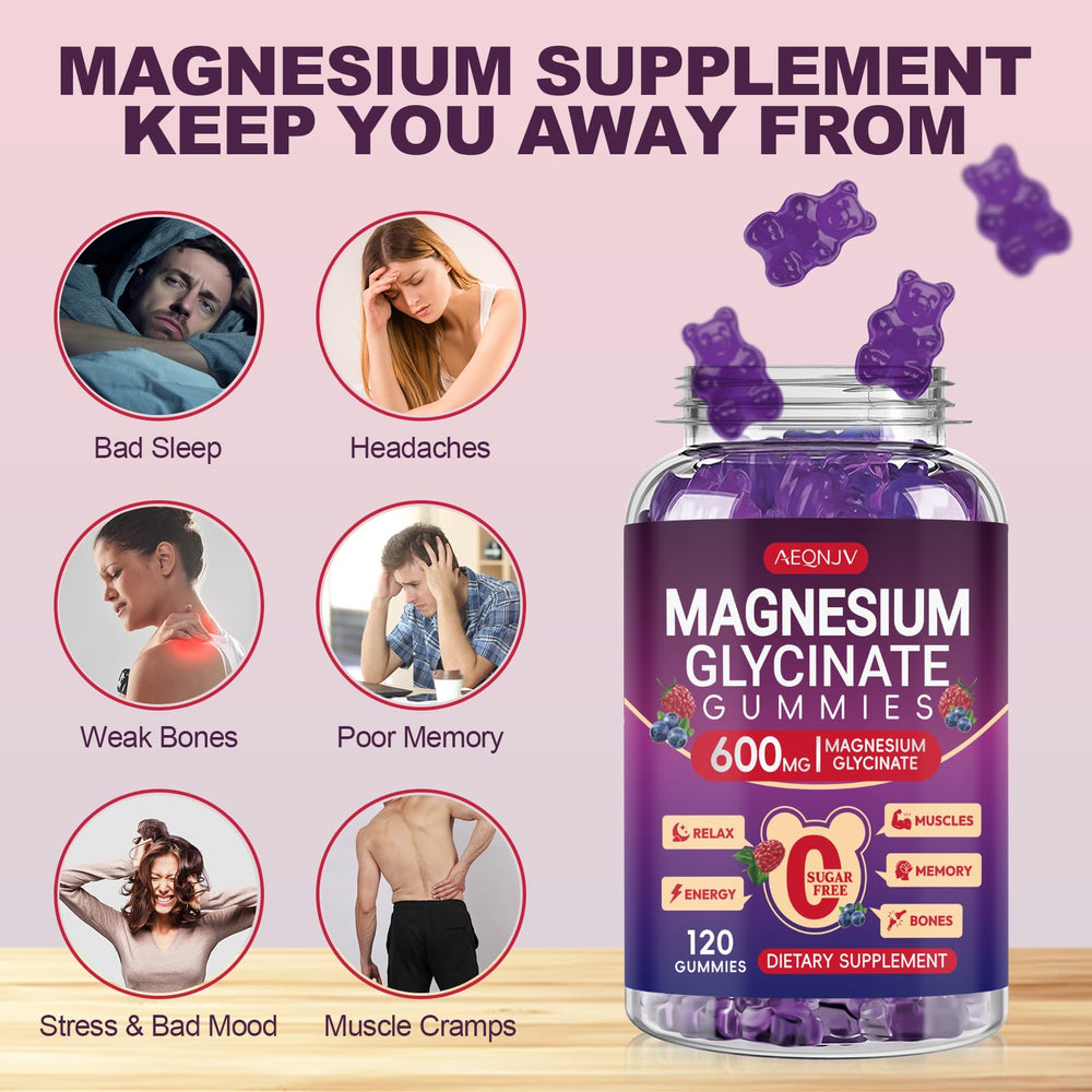 AEQNJV Magnesium Glycinate Gummies ingredients panel highlights vitamin D, B6, CoQ10.