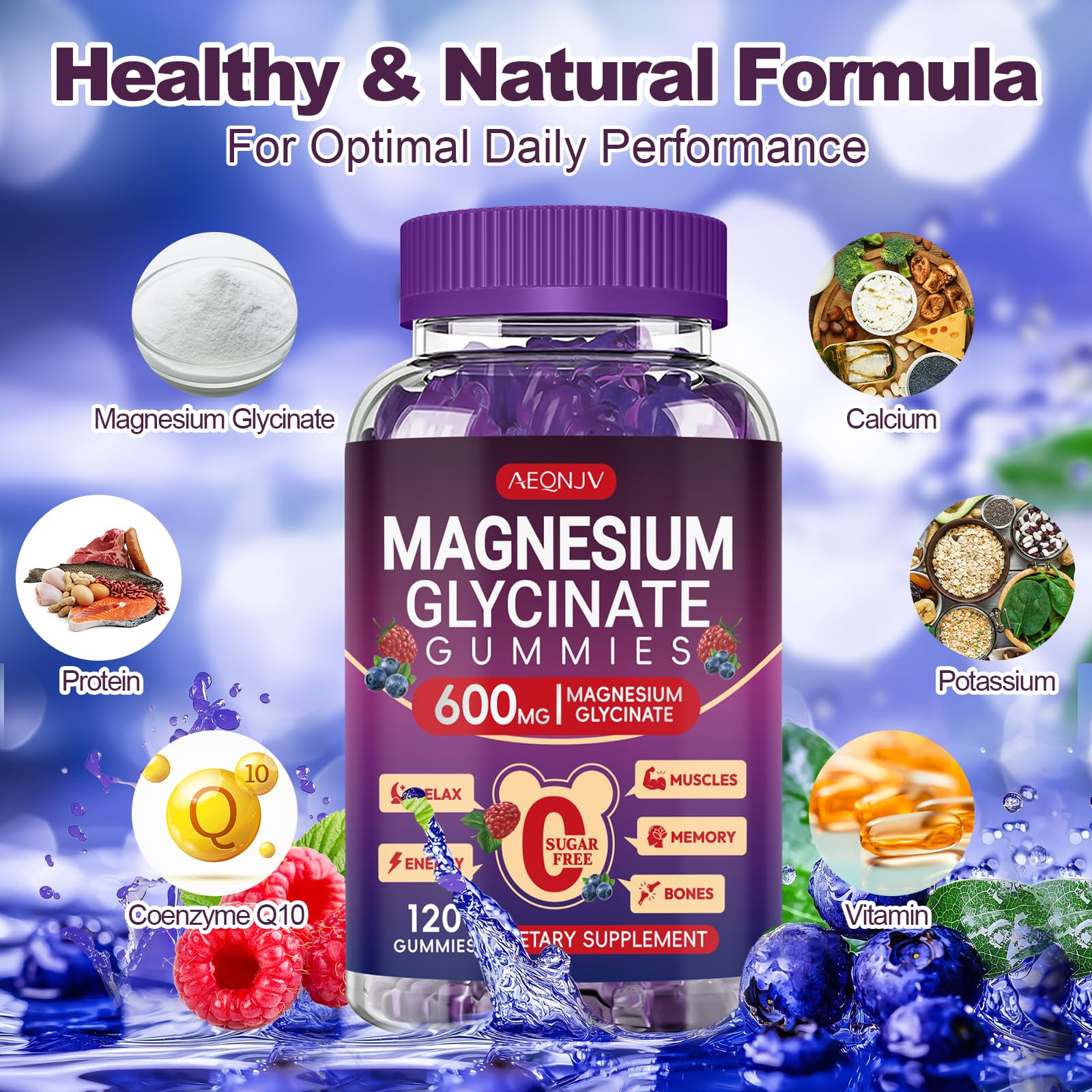 Bottle label of AEQNJV gummies displays magnesium glycinate benefits and vegan formula.