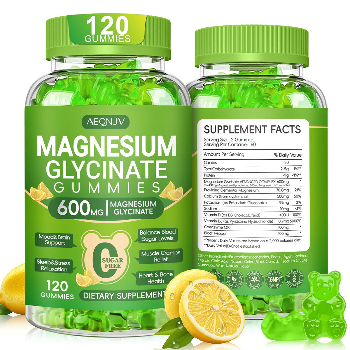 AEQNJV Magnesium Glycinate Gummies lemon bottle for a tasty nightly calm and sleep support