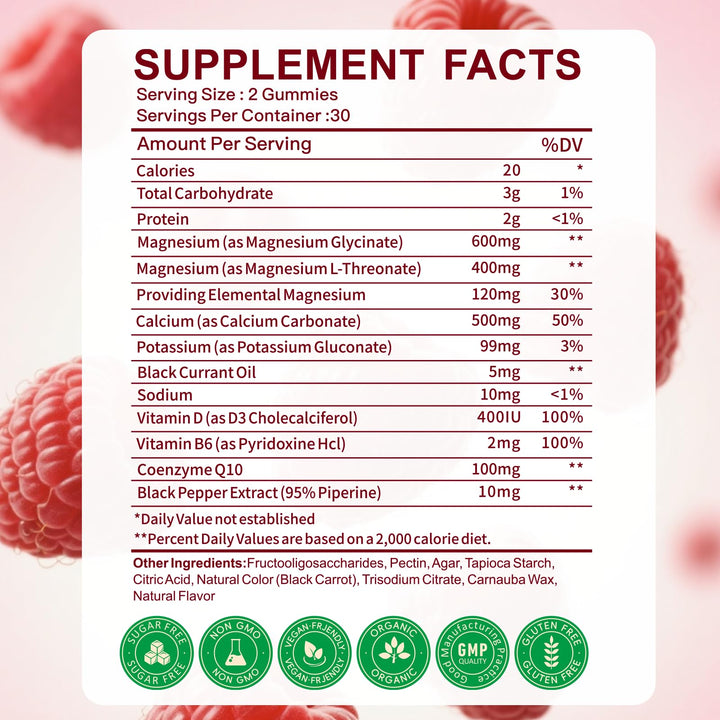 AEQNJV magnesium gummies close-up showcases raspberry flavor for daily wellness.