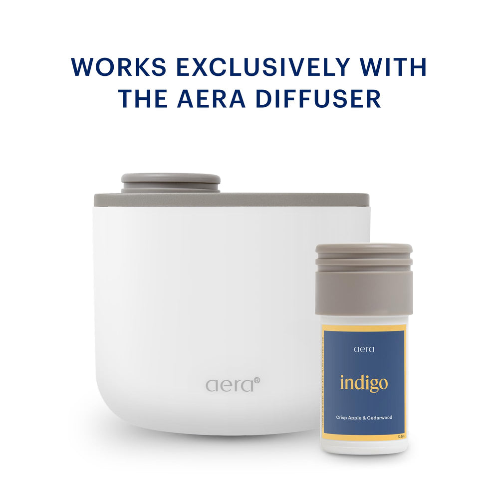 Aera Mini Indigo label close-up reveals branding and scent profile.